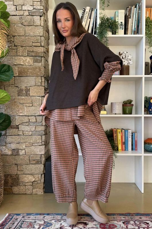 Donald Plaid Brushed Cotton Neckerchief Blouse Rust